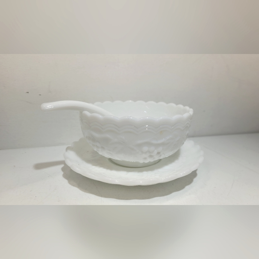 Vintage Imperial Milk Glass 3 Pc. Set Bowl Saucer Spoon Grape And Vine  1950s